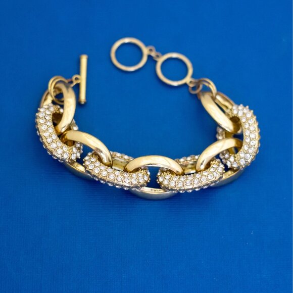 8 inch, Vintage Oval Links Clear Rhinestones Gold Tone Bracelet - D43 - Picture 1 of 3